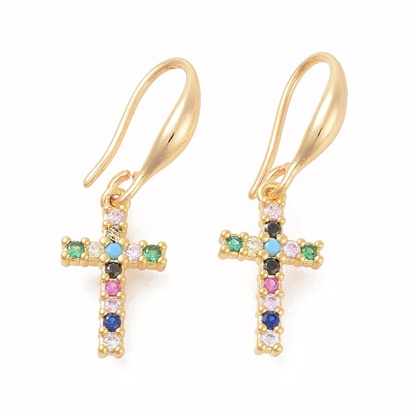 

PandaHall Brass Micro Pave Cubic Zirconia Dangle Earrings, Cross, Colorful, Golden, 29mm, Pin: 1mm Cubic Zirconia