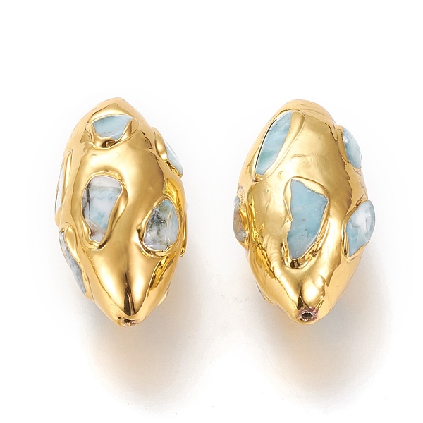 

PandaHall Golden Plated Brass Beads, with Natural Larimar Chips, Olive, 32x16.5x15.5~17mm, Hole: 1mm Larimar Others