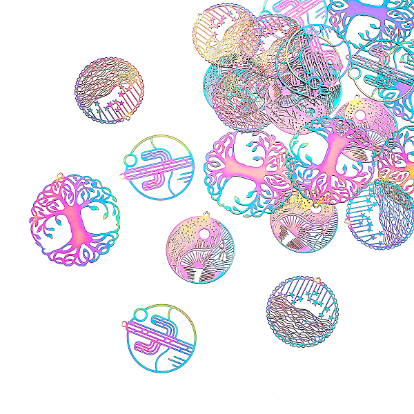 

PandaHall Unicraftale 24Pcs 4 Styles 201 Stainless Steel Filigree Pendants, Etched Metal Embellishments, Flat Round, Rainbow Color...