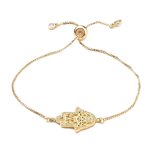 

PandaHall Adjustable Brass Micro Pave Clear Cubic Zirconia Bolo Bracelets, Slider Bracelets, with Box Chains, Hamsa Hand/Hand of Fatima/Hand...