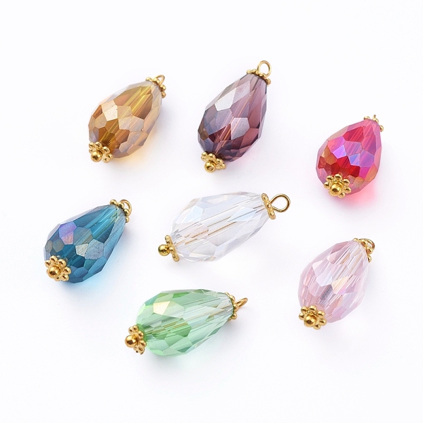 

PandaHall Electroplate Faceted Glass Pendants, with Alloy Flower Daisy Spacer Beads and Brass Findings, Teardrop, Golden, Mixed Color..., Multicolor