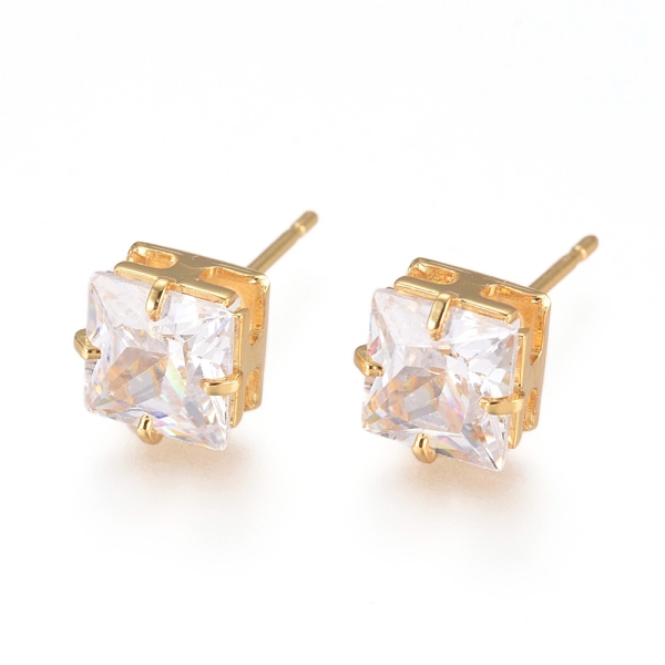 

PandaHall Brass Stud Earrings, with 316 Surgical Stainless Steel Pin and Clear Cubic Zirconia, Square, Long-Lasting Plated, Real 18K Gold...