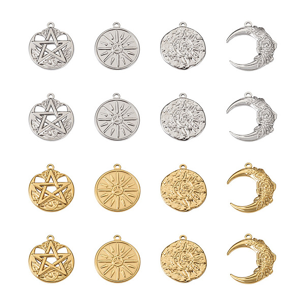 

PandaHall Biyun 16Pcs 8 Style Rack Plating 304 Stainless Steel Pendants, Moon with Flower & Flat Round with Sun, Real Gold Plated &...