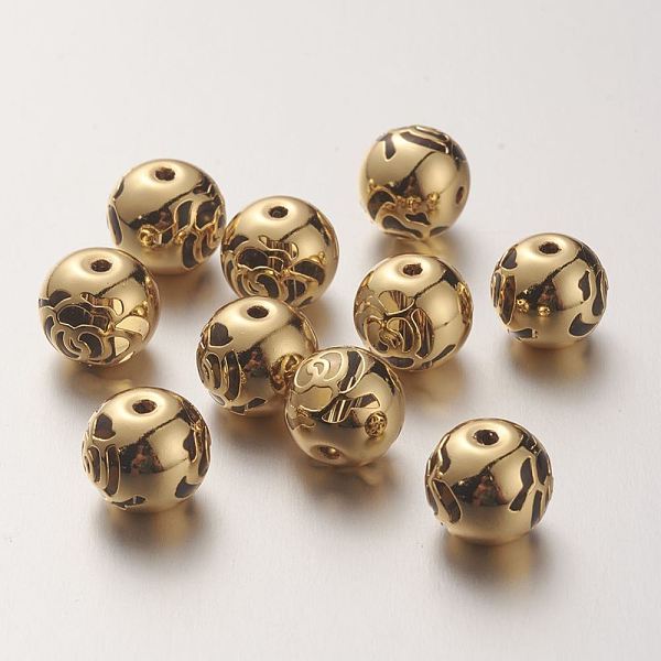 

PandaHall K9 Glass Beads, Covered with Brass, Round with Rose Pattern, Real 22K Gold Plated, Gold, 10.2x9.2mm, Hole: 1.5mm Glass Round Gold