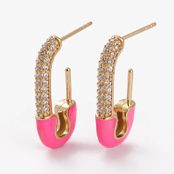 

PandaHall Brass Micro Pave Clear Cubic Zirconia Half Hoop Earrings, Stud Earrings, with Enamel, Long-Lasting Plated, Safety Pin, Deep Pink...