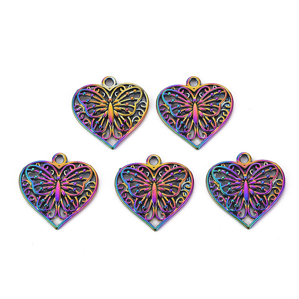 

PandaHall Hollow Alloy Pendants, Cadmium Free & Nickel Free & Lead Free, Heart with Butterfly, Rainbow Color, 22x22x2mm, Hole: 2mm Alloy...