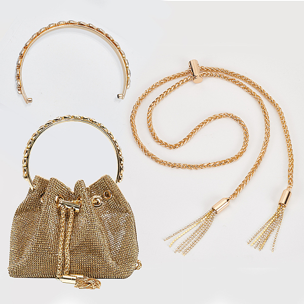 

PandaHall Bag Accessories Set, including Arch-shaped Zinc Alloy Rhinestone Purse Handle, Wheat Chain Bag Drawstring Cord with Stopper &...