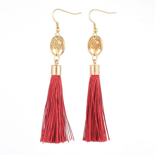 

PandaHall Dangle Earring, with Stainless Steel Findings and Polyester Tassel Pendants, Flat Round with Tree of Life, Golden, 93mm, Pin..., Red