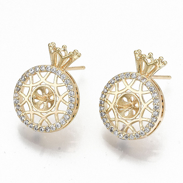 

PandaHall Brass Micro Pave Clear Cubic Zirconia Stud Earring Findings, for Half Drilled Bead, Nickel Free, Flat Round with Crown, Real 18K...