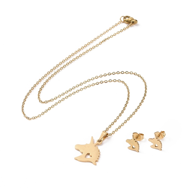 

PandaHall 304 Stainless Steel Unicorn Stud Earrings and Pendant Necklace, Jewelry Set for Women, Golden, 17.32inch(44cm), 10x8x1mm, Pin...