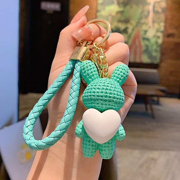 

PandaHall Rabbit with Heart Resin Keychain, with Alloy Findings and Bell, Aquamarine, 7x3.5cm Resin Rabbit Green