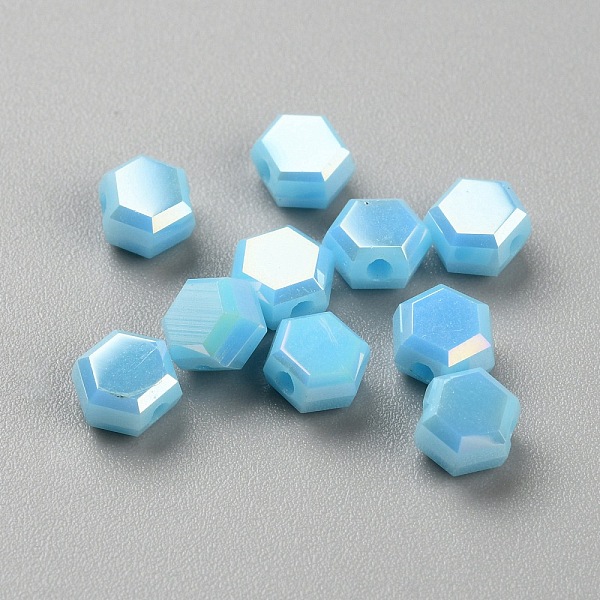 

PandaHall Electroplate Opaque Glass Beads, Rainbow Plated, Faceted, Hexagon, Deep Sky Blue, 5x6x3.5mm, Hole: 1mm Glass Hexagon