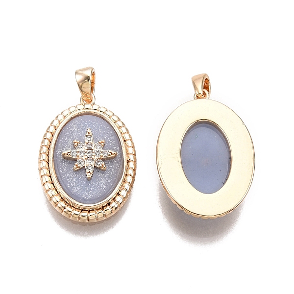 

PandaHall Ion Plating(IP) Brass Micro Pave Clear Cubic Zirconia Pendants, with Synthetic Stone, Nickel Free, Oval with Star, Real 18K Gold...