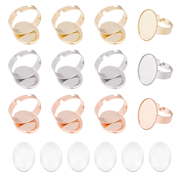 

PandaHall UNICRAFTALE 3 Colors DIY Oval Blank Dome Adjustable Ring Making Kit 12pcs Stainless Steel Ring Settings with 15pcs Glass Cabochons...