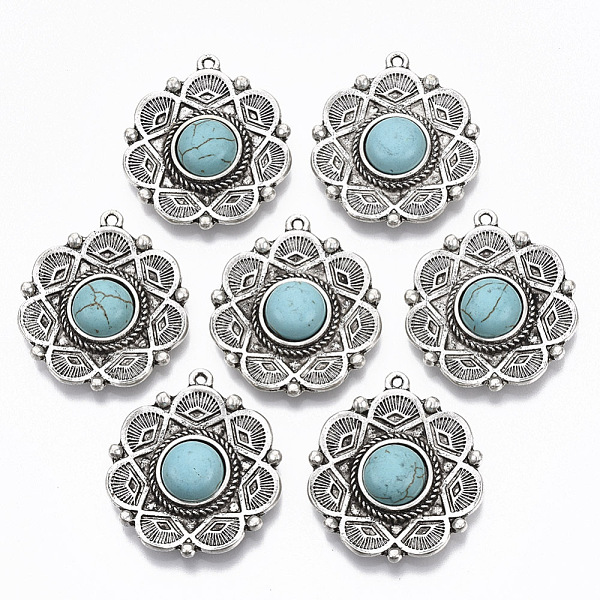 

PandaHall Tibetan Style Alloy Pendants, with Synthetic Turquoise, Cadmium Free & Lead Free, Flower, Antique Silver, 35x31x8mm, Hole: 1.6mm...