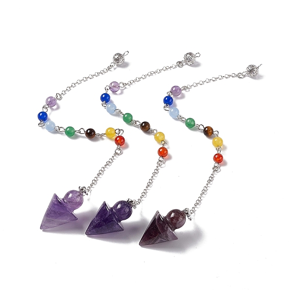 

PandaHall Natural Amethyst Cone Dowsing Pendulum Pendants, with Chakra Gemstone Round Beads, Rack Plating Platinum Tone Brass Findings &...