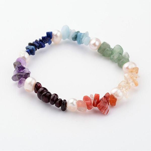 

PandaHall Natural Gemstone Stretch Bracelets, with Pearl Beads, 50mm Mixed Stone