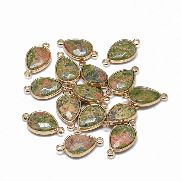 

PandaHall Natural Unakite Links connectors, with Golden Tone Brass Findings, Faceted, teardrop, 27x14~15x6~7mm, Hole: 2mm Unakite Teardrop