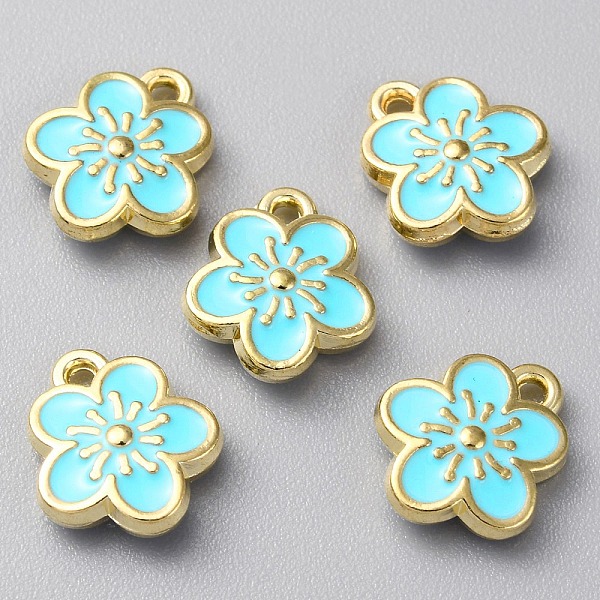 

PandaHall Alloy Pendants, Double-sided Enamel, Plum Blossom Flower Charm, Cyan, 12x10.5x3mm, Hole: 1.5mm Alloy+Enamel Flower Cyan