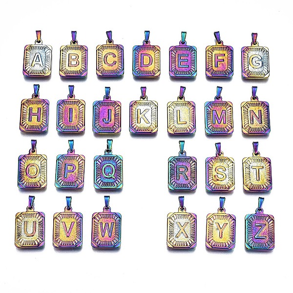 

PandaHall Ion Plating(IP) 304 Stainless Steel Pendants, Rectangle with Alphabet A~Z, Rainbow Color, 23.5x15.5x3.5mm, Hole: 6x2.5mm, about...