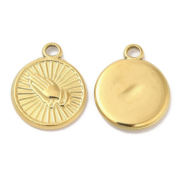 

PandaHall Ion Plating(IP) 304 Stainless Steel Pendants, Flat Round with Praying Hands Charm, Real 18K Gold Plated, 19x16x2mm, Hole: 2mm 304...