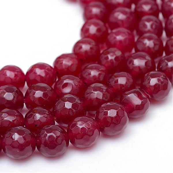 

PandaHall Natural White Jade Bead Strands, Dyed, Faceted, Round, FireBrick, 10~11mm, Hole: 1mm, about 37~39pcs/strand, 14.37~14.57 inch..., Red