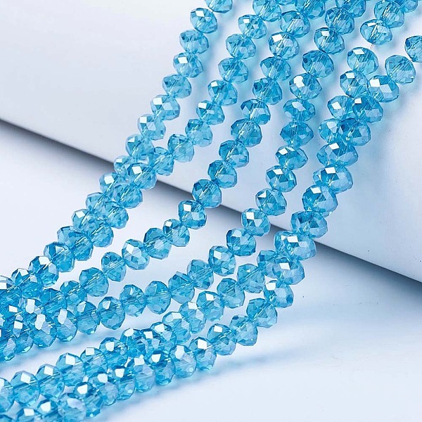 

PandaHall Electroplate Glass Beads Strands, Pearl Luster Plated, Faceted, Rondelle, Deep Sky Blue, 6x5mm, Hole: 1mm, about 83~85pcs/strand...