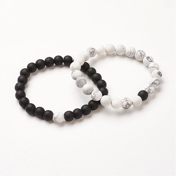 

PandaHall Couples Stretch Bracelets, with Black Glass Beads and Howlite Beads, Frosted, 2-1/4 inch(58mm), 2pcs/set Glass Multicolor
