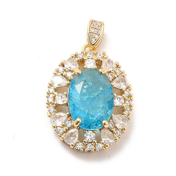 

PandaHall Brass Micro Pave Clear Cubic Zirconia Pendants, with Deep Sky Blue Glass, Oval, Real 18K Gold Plated, 31mm, Hole: 5x2.5mm...