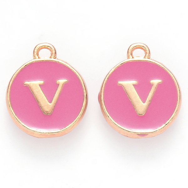 

PandaHall Golden Plated Alloy Enamel Charms, Cadmium Free & Lead Free, Enamelled Sequins, Flat Round with Letter, Camellia, Letter.V..., Pink