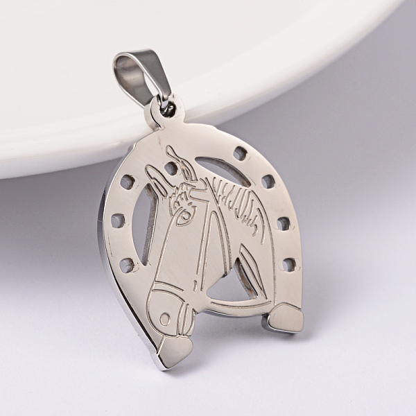 

PandaHall 304 Stainless Steel Pendants, Horse with Horseshoe, Stainless Steel Color, 27x21x2mm, Hole: 6x4mm 304 Stainless Steel Horse