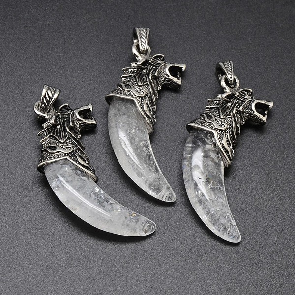 

PandaHall Antique Silver Zinc Alloy Natural Quartz Crystal Big Pendants, Rock Crystal Pendants, Tusk Shape with Wolf, Lead Free & Nickel...
