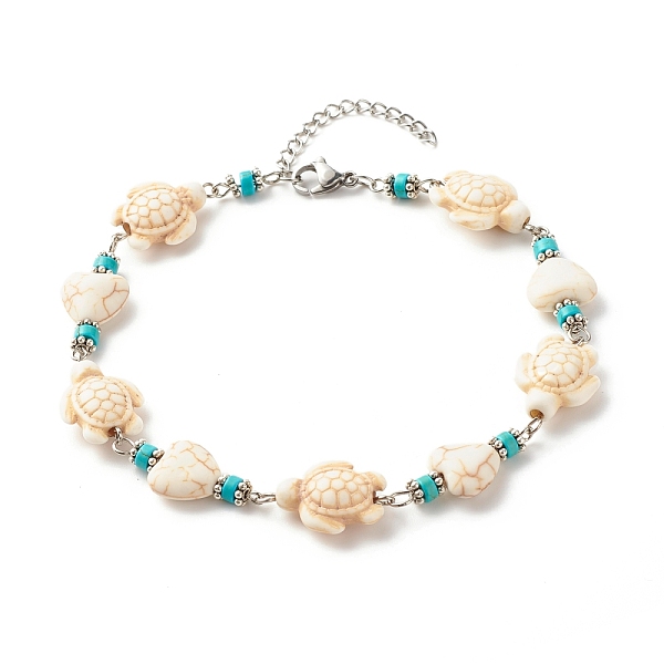 

PandaHall Heart & Tortoise Synthetic Turquoise Beaded Anklet, Adjustable Anklet for Women, Platinum, WhiteSmoke, 10 inch(25.5cm) Synthetic..., White