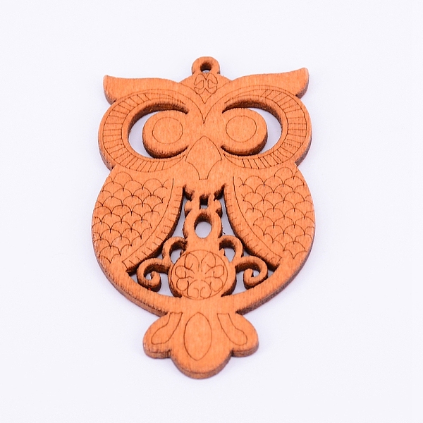 PandaHall Wood Big Pendants, Owl, Chocolate, 68x40x2.5mm, Hole: 1.8mm Wood Owl Brown