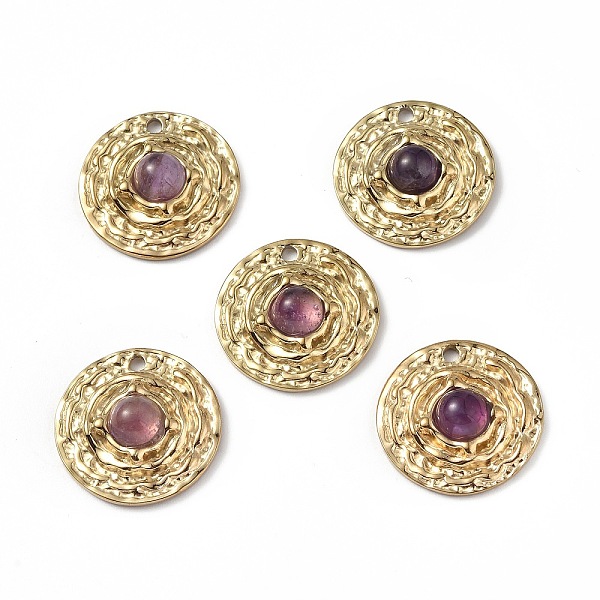 

PandaHall Vacuum Plating 201 Stainless Steel Natural Amethyst Pendants, Real 18K Gold Plated, Flat Round Charms, 19x5mm, Hole: 1.8mm...