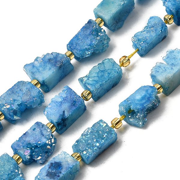 Galvani natürliche druzy Achat Perlen Stränge, Rechteck, mit Glasperlen, Deep-Sky-blau, 15-16.5x7.5-9.5x7.5-12 mm, Bohrung: 1 mm, ca. 10 Stk. / Strang, 7.36''-7.48'' (18.7-19 cm)