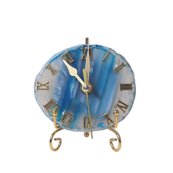 

PandaHall Resin Clock Ornaments, with Agate Slice inside and Metal Holder, for Desk Home Feng Shui decoration, Deep Sky Blue, 100~120mm...