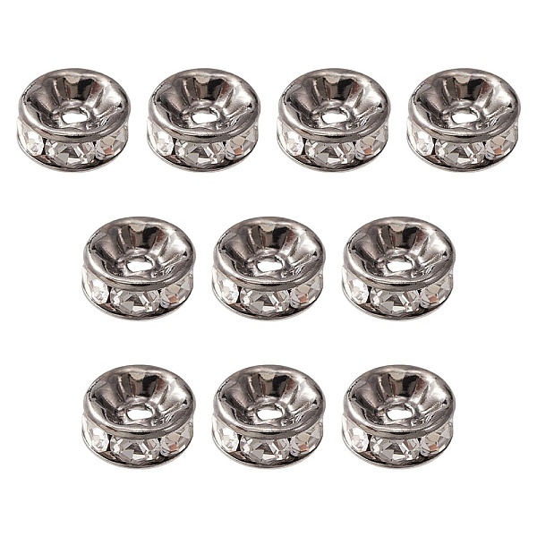 

PandaHall Brass Rhinestone Spacer Beads, Grade A, Straight Flange, Rondelle, Crystal, Gunmetal, 8x3.8mm, Hole: 1.5mm Brass+Rhinestone..., Clear