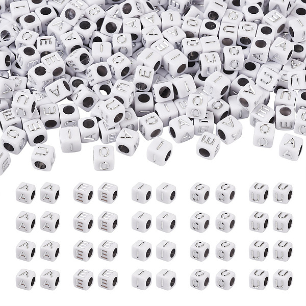 

PandaHall 500Pcs 5 Style Opaque Acrylic Beads, White Cube with Silver Letter.A & Letter.E & Letter.I & Letter.O & Letter.U, Cube, 6x6x6mm...