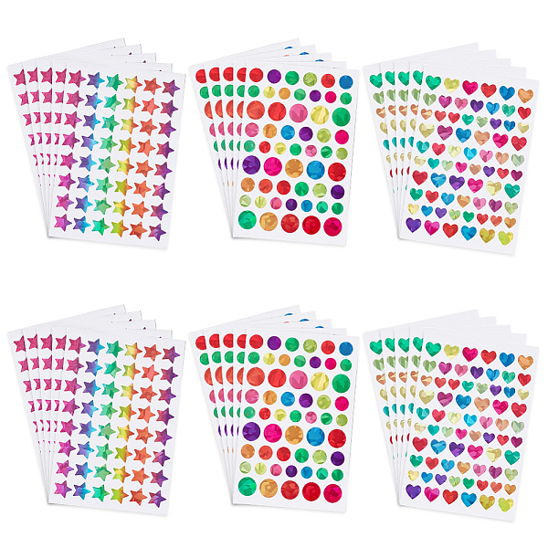 

PandaHall Olycraft 30 Sheets 3 Styles Holographic PVC Waterproof Self Adhesive Laser Stickers, Rainbow Color Round & Star & Heart Decals for...