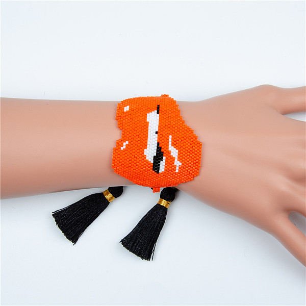 

PandaHall Miyuki Seed Braided Bead Bracelet with Double Tassel, Sexy Lip Friendship Bracelet for Women, Orange Red, 11 inch(28cm) Glass