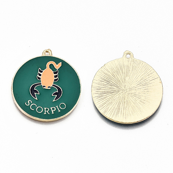 

PandaHall Alloy Enamel Pendants, Cadmium Free & Lead Free, Flat Round with Constellation & Word, Light Gold, Dark Green, Scorpio...