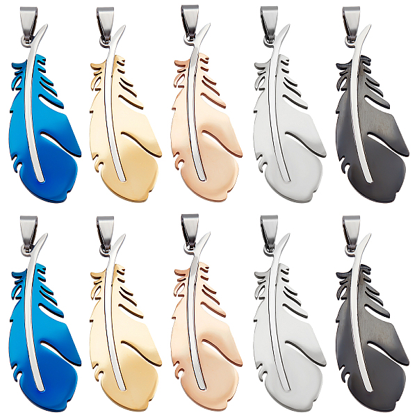 

PandaHall UNICRAFTALE 10Pcs 5 Colors Feather Pendants 201 Stainless Steel Feather Charms 49mm Long Feather Metal Charms Earring Bracelets...