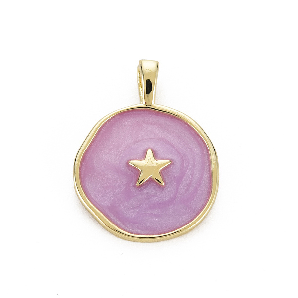 

PandaHall Brass Enamel Pendants, Cadmium Free & Nickel Free & Lead Free, Real 16K Gold Plated, Flat Round with Star, Medium Orchid...