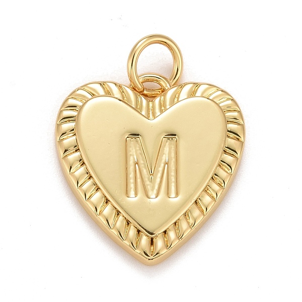 Rack Plating Real 18K Gold Plated Brass Pendants, with Jump Rings, Long-Lasting Plated, Lead Free & Cadmium Free & Nickel Free, Heart with Letter A-Z, Letter.M, 16x15x2.5mm, Jump Ring: 5x0.5mm, 3mm Inner Diameter