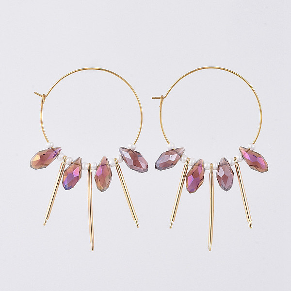 

PandaHall 316L Surgical Stainless Steel Hoop Earring, with teardrop, Glass Beads, Round Glass Seed Beads and Brass Bar Links, Golden, Purple...