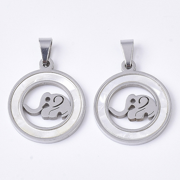 

PandaHall 201 Stainless Steel Pendants, with Shell and Random Size Snap on Bails, Flat Round with Elephant, Stainless Steel Color, 23x20x2mm...