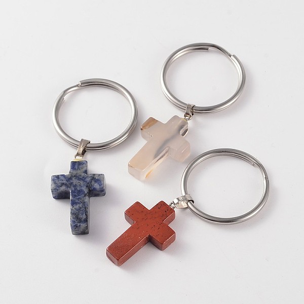 

PandaHall Cross 316 Surgical Stainless Steel Mixed Stone Keychain, 52mm Mixed Stone Cross
