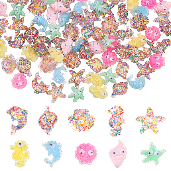 

PandaHall 80 Pcs 10 Styles Ocean Theme Resin Cabochons, Transparent Marine Organism Resin Cabochons Starfish Shell Dolphin Conch Sea Horse..., Multicolor