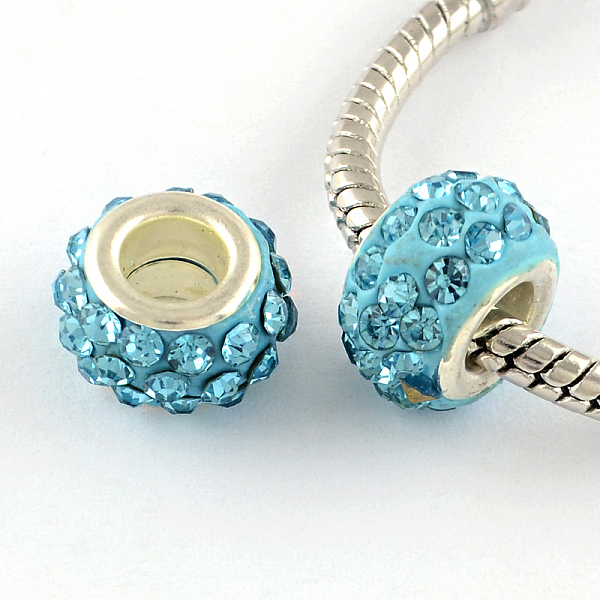

PandaHall Polymer Clay Rhinestone European Large Hole Beads with Silver Color Plated Brass Cores, Rondelle, Aquamarine, 11~12x7~7.5mm, Hole..., Cyan
